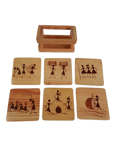 Handcrafted Wooden Tea Coasters with Tribal Art- Set of 6 Pieces-12656709