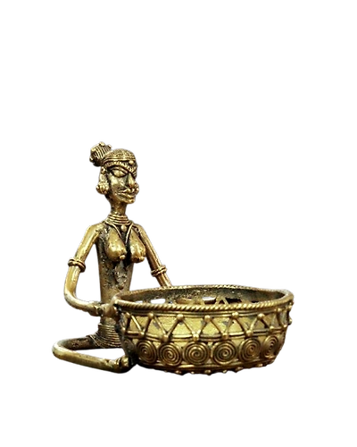 Bronze &amp; Brass Bastar Dokra Art Woman with Basket-12656893