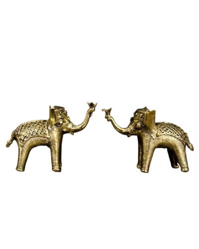 Bronze &amp; Brass Metal Elephant Pair Holding Lotus-12656915