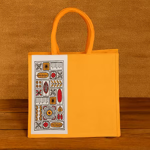 Jute Tote Bag with Folk Art Panel