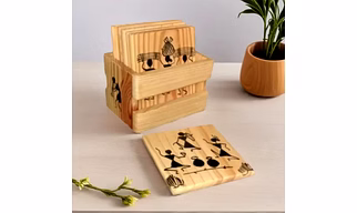 Wooden Tea Coasters Set with Warli Art – Table Decor & Gifting