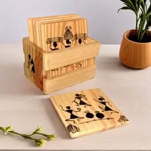 Handcrafted Wooden Tea Coasters with Tribal Art- Set of 6 Pieces