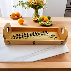 Handcrafted Wooden Tray With Warli Tribal Art Paintings