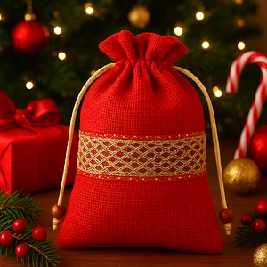 Jute Drawstring Bags, Potli Pouch with Golden Lace - Wedding & Gift Packaging