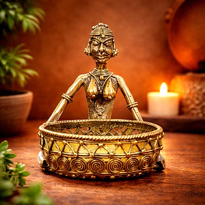 Bastar Dokra Art Woman with Basket – Handcrafted Tribal Metal Decor