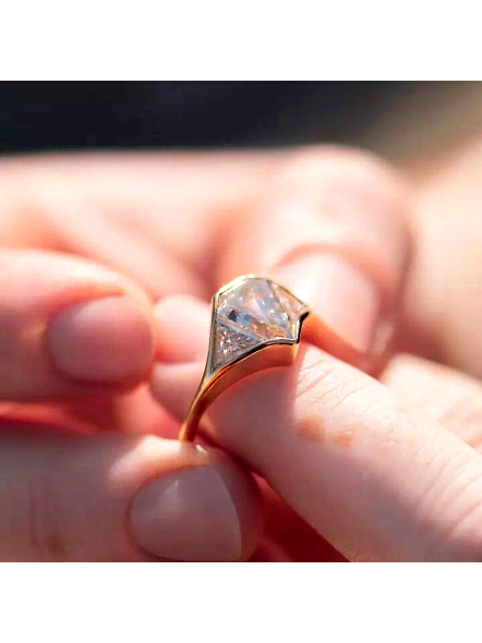 Three Stone Signet Engagement Ring with a 2ct Lab Grown Diamond Cut Shield-YELLOW GOLD-7-18K YELLOW GOLD-5