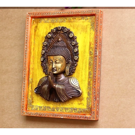 BRASS BUDDHA NAMASTE MASK WOODEN FRAME-1