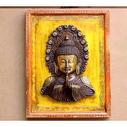 brass buddha namaste mask wooden frame