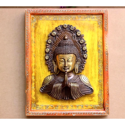 BRASS BUDDHA NAMASTE MASK WOODEN FRAME-12230190