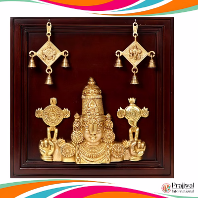 23" tirupati balaji (venkateshvara) bust in brass | wooden wall hanging frame