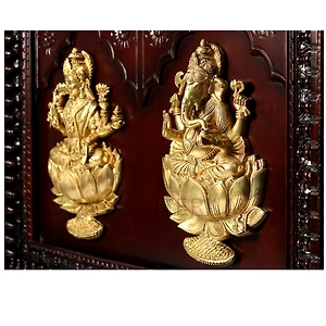 48" Brass Blessing Lakshmi Ganesha On Wood | Wall Hanging