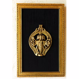 brass plaque of panchmukhi hanuman on black raw silk in a frame. size ht 40 x w 26 cm pif-2601