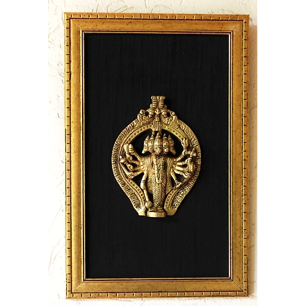 Brass Plaque Of Panchmukhi Hanuman On Black Raw Silk In A Frame. Size Ht 40 X W 26 Cm PIF-2601-12184868