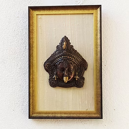 exquisite brass bust of goddess kali - destroyer of evil framed on ivory silk - frame ht 40 cm x w 26 cm pif-2613
