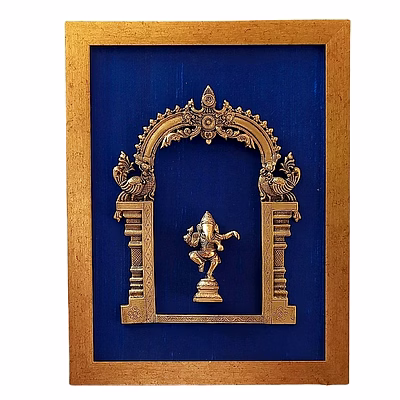 brass prabhavali framed on deep blue raw silk with lord ganesha frame – height 45 cm x width 35 cm pi-pf-05 pif-2616