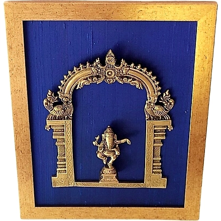 Brass Prabhavali Framed On Deep Blue Raw Silk With Lord Ganesha Frame – Height 45 Cm X Width 35 Cm PI-PF-05 PIF-2616-1
