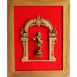 framed brass prabhavali on red raw silk with lord krishna. frame - height 45 cm x width 35 cm- pif-2617