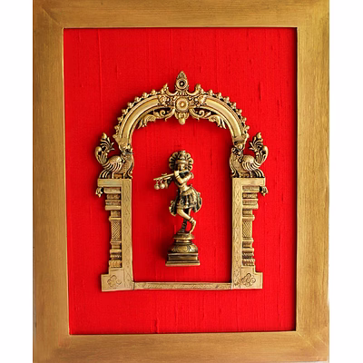 framed brass prabhavali on red raw silk with lord krishna. frame - height 45 cm x width 35 cm- pif-2617