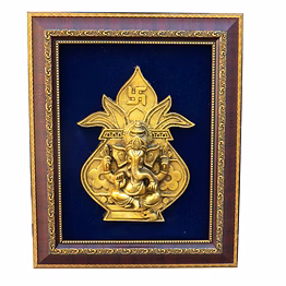 ganesh kalash design plate wall hanging frame brass & woodenpif-2660