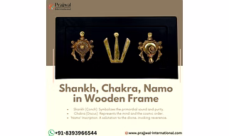 Brass Vishnu Symbols Wall Hanging – Shankh, Chakra, Namo in Wooden Frame