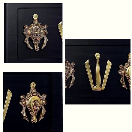 Brass Vishnu Symbols Wall Hanging – Shankh, Chakra, Namo in Wooden Frame-1