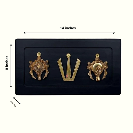 Brass Vishnu Symbols Wall Hanging – Shankh, Chakra, Namo in Wooden Frame-3