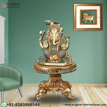 Brass Turban Ganesha Idol with Heavy Brass Chowki Stand-12720579