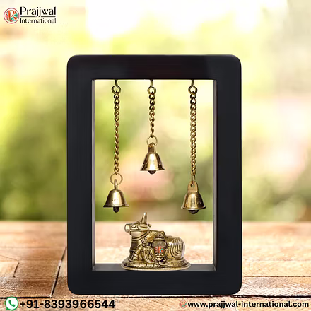 Brass Nandi with Shiva-Parvati Face Wall Hanging in Wooden Frame-12742103