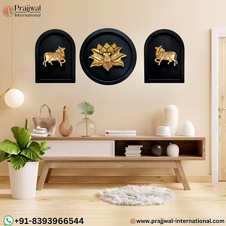 Brass Lotus with Cows in 12-Inch Wooden Frame-12743899