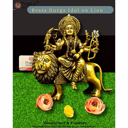 Brass Durga Idol on Lion | Multi-Armed Shakti Statue | Manufacturer &amp; Exporter – Prajjwal International**-12763089