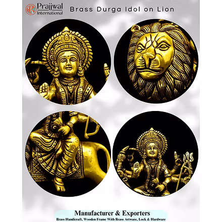 Brass Durga Idol on Lion | Multi-Armed Shakti Statue | Manufacturer &amp; Exporter – Prajjwal International**-2