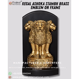 regal ashoka stambh brass emblem on wooden frame – premium office & home décor | manufacturer & exporter