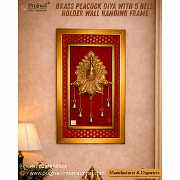 brass peacock diya with 5 bells holder wall hanging frame – 26×18 inches