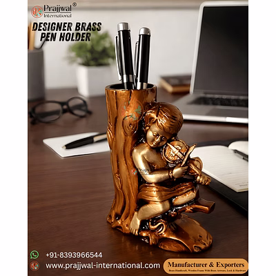 brass desk pen stand | guardian angel baby playing a violin – decorative stationery organizer