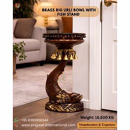 brass big urli bowl with fish stand – 25 inch | bronze finish