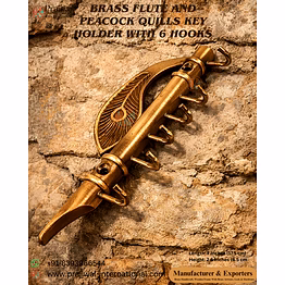 brass flute & peacock quills key holder | elegant wall utility & home decor