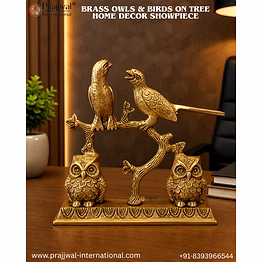 brass owls & birds on tree – home décor showpiece