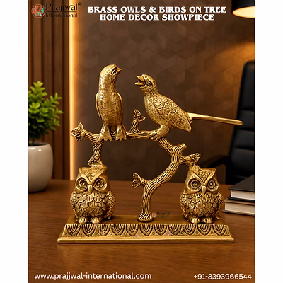 brass owls & birds on tree – home décor showpiece