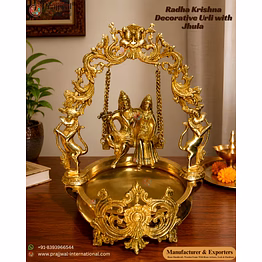 golden radha krishna decorative urli with jhula