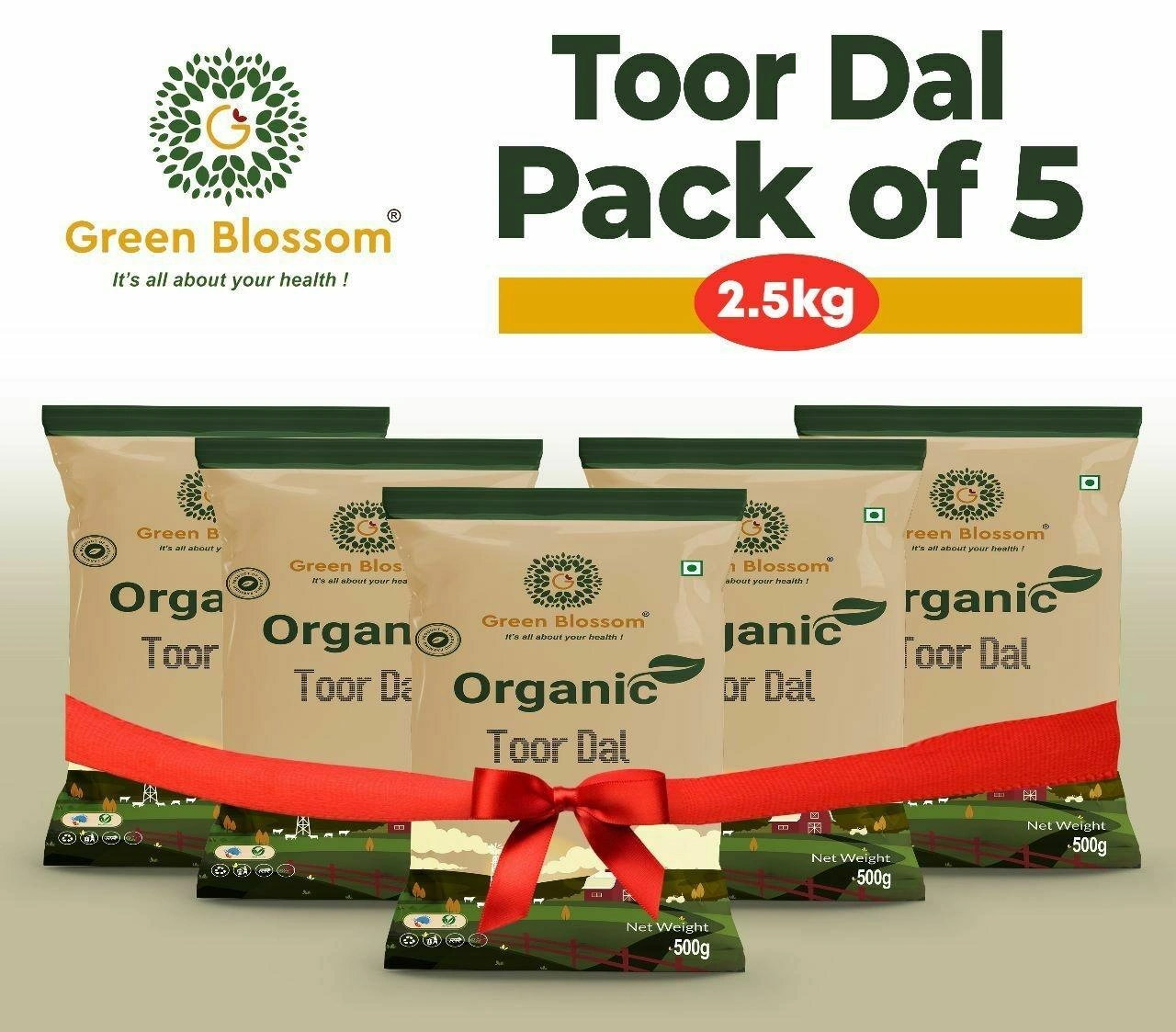 Organic Toor Dal /Arhar Dal (unpolished) - 2.5 Kg (500 gms, Pack of 5) I Green Blossom-RVXDO4DDXF