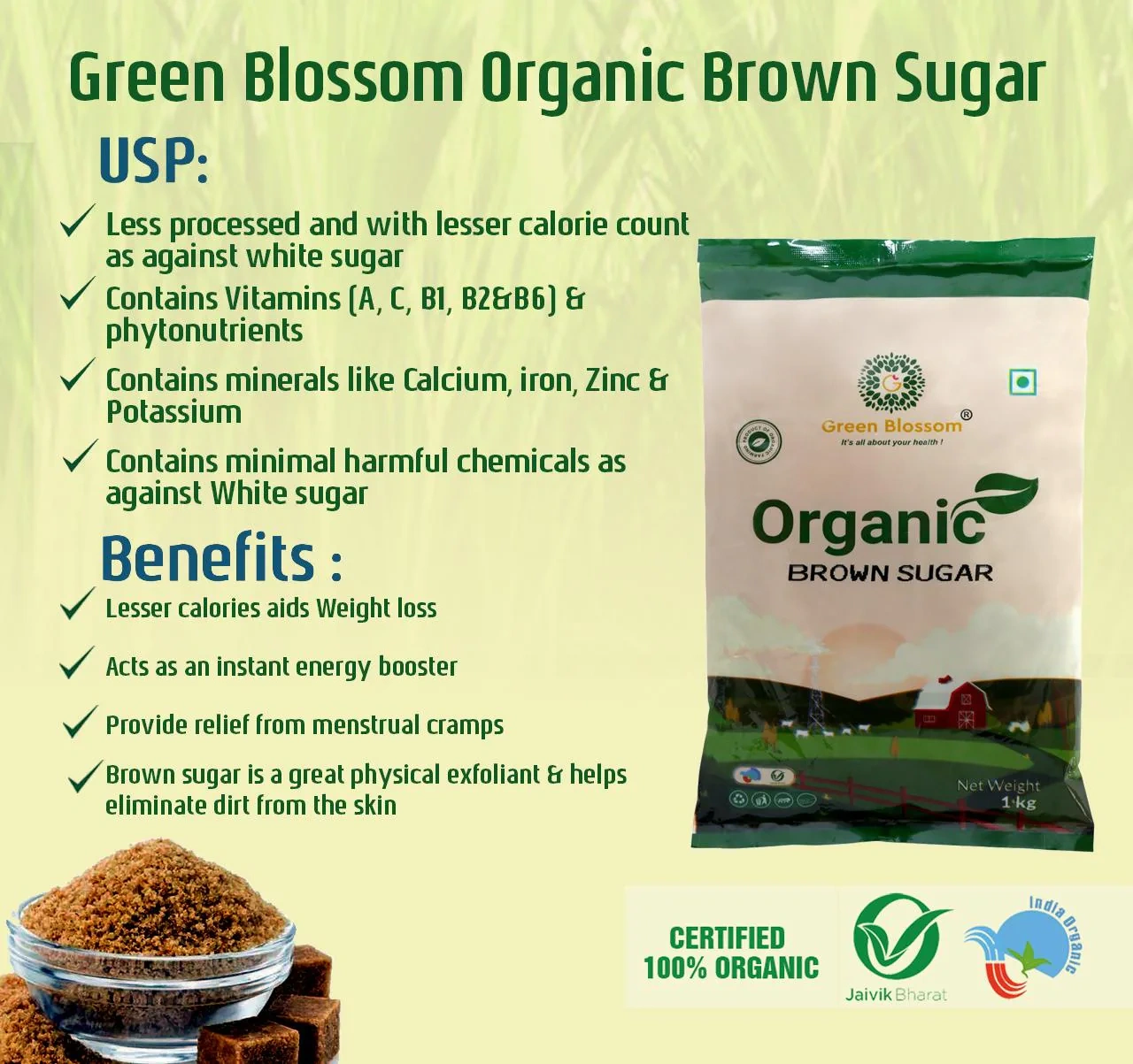 Organic Brown Sugar - 1 Kg (Pack of 1) I Green Blossom-1kg-1