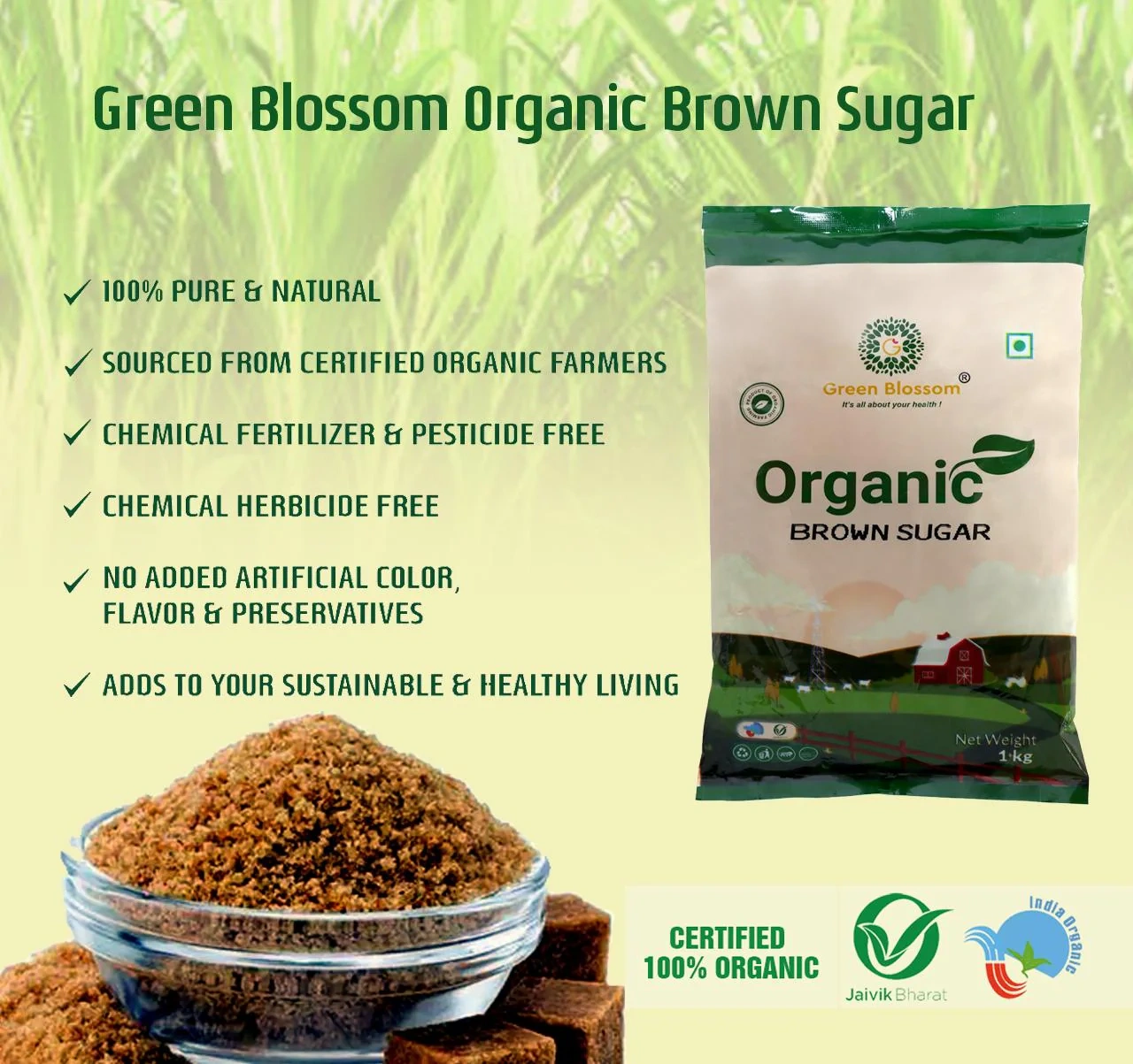 Organic Brown Sugar - 1 Kg (Pack of 1) I Green Blossom-1kg-2