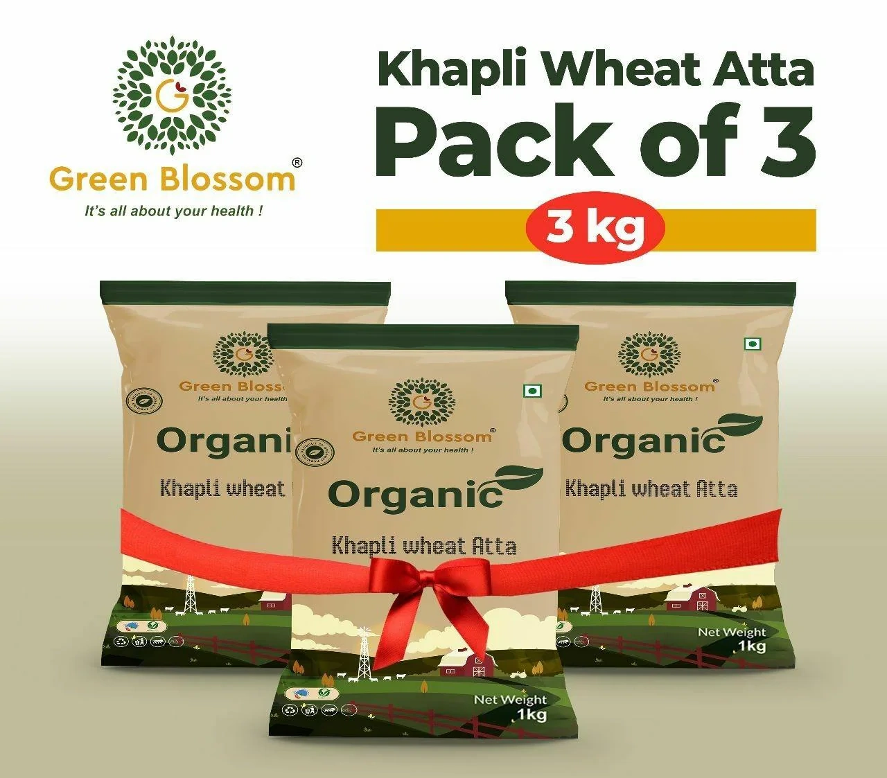 Khapli / Emmar Whole Wheat Flour (Stone Grind) - 3 Kg (1Kg, Pack of 3) I Green Blossom-RVZEUIBFXE