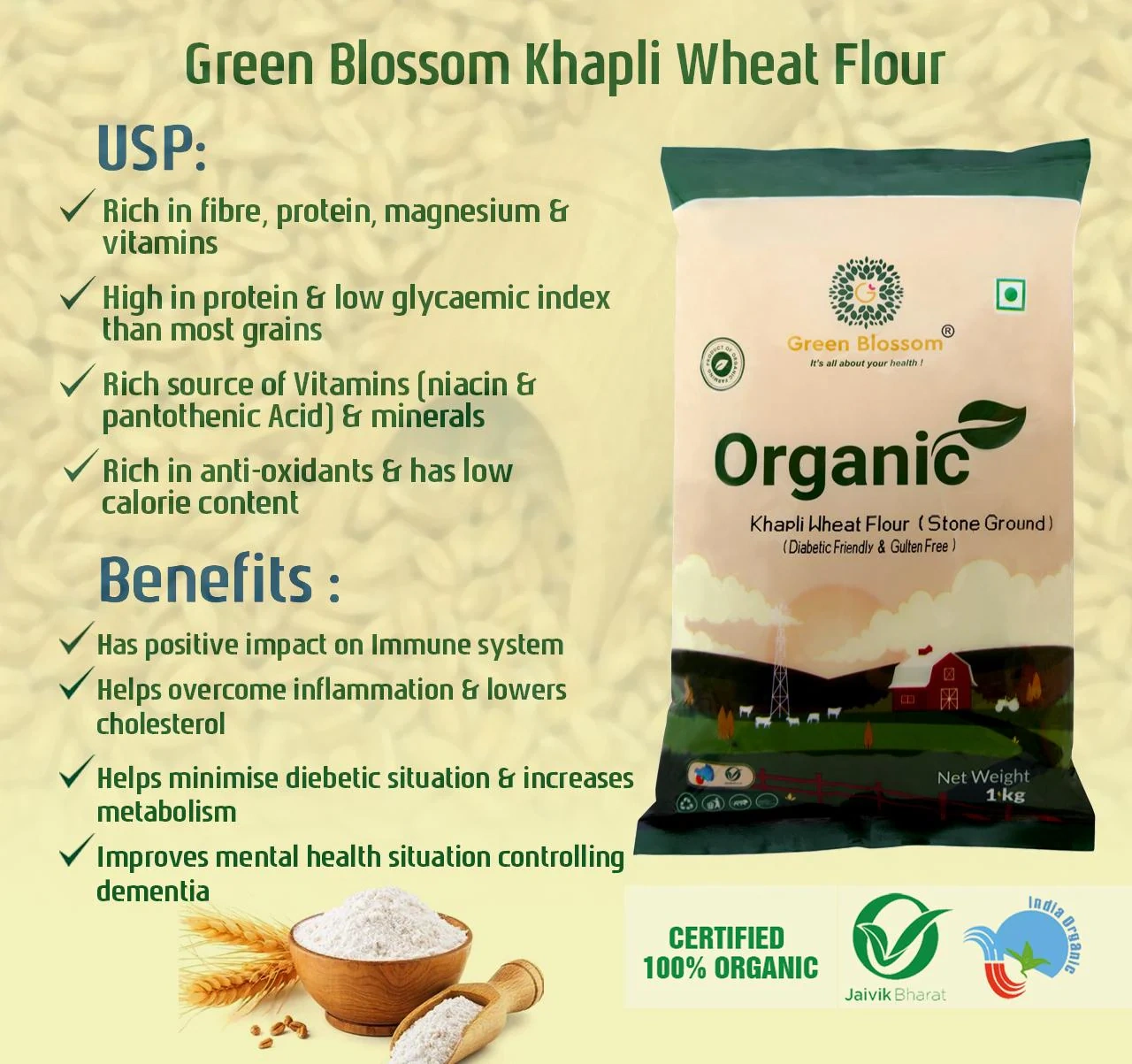 Khapli / Emmar Whole Wheat Flour (Stone Grind) - 3 Kg (1Kg, Pack of 3) I Green Blossom-3kg-1