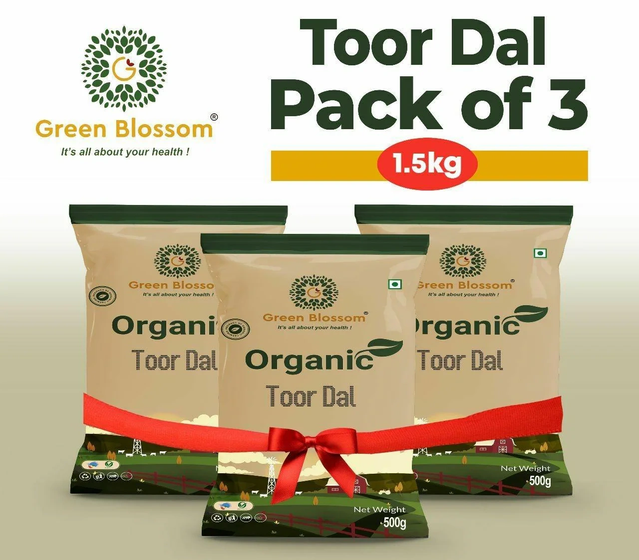 Organic Toor Dal / Arhar Dal (Unpolished) - 1.5 Kg (500 gms, Pack of 3) I Green Blossom-RV9WPPKAXI