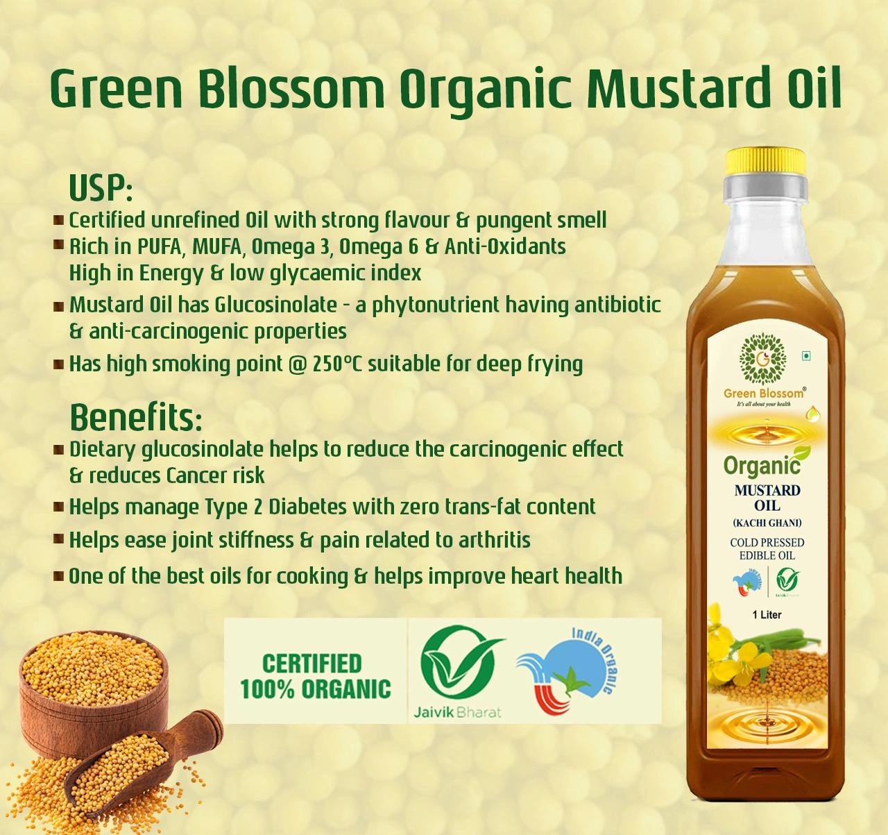 Organic Mustard Oil ( Kachi Ghani) - 1 Ltr (Pack of 1) I Green Blossom-1L-1