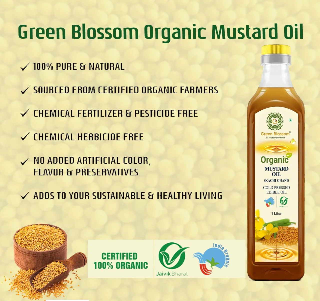 Organic Mustard Oil ( Kachi Ghani) - 1 Ltr (Pack of 1) I Green Blossom-1L-2