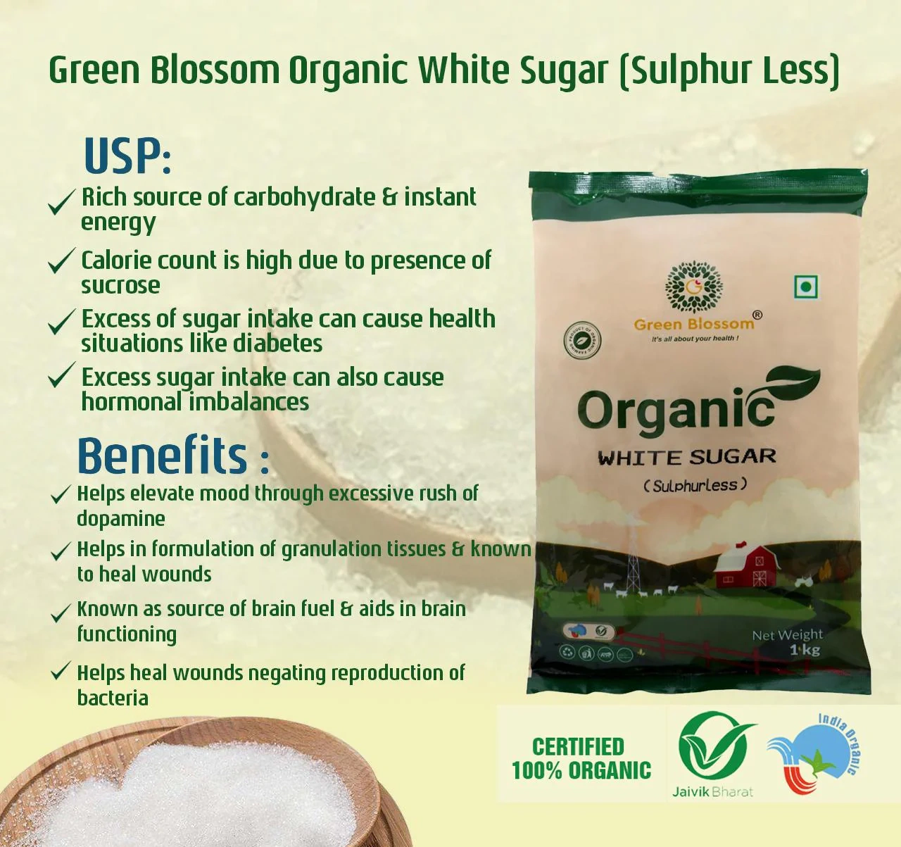 White Sugar (Sulphur less) - 3 Kg (1 Kg, Pack of 3) I Green Blossom-3kg-1