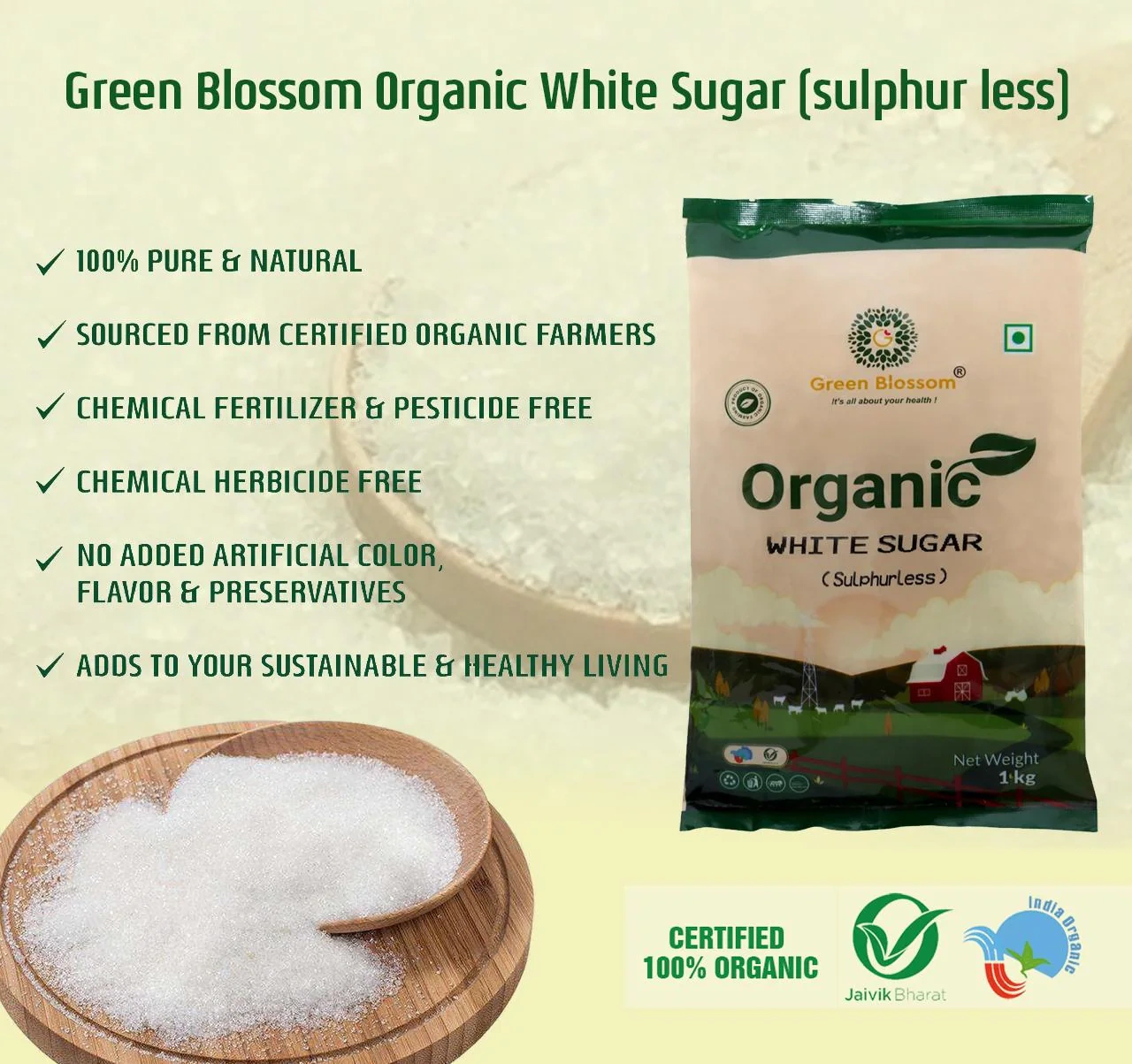 White Sugar (Sulphur less) - 3 Kg (1 Kg, Pack of 3) I Green Blossom-3kg-2