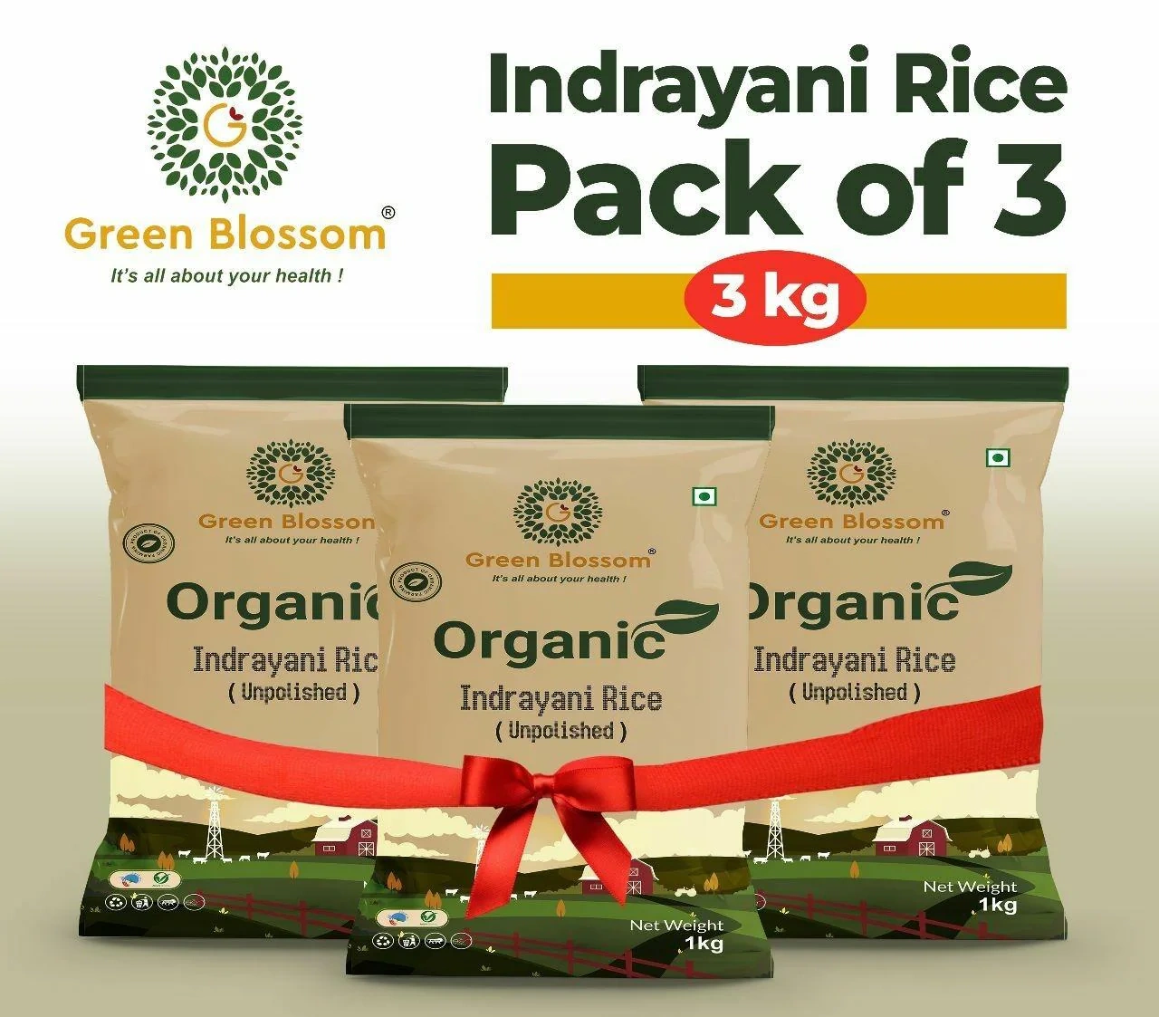 Organic Indrayani Rice (White) - 3 Kg (1 Kg, Pack of 3) I Green Blossom-RVQTL0SRKT